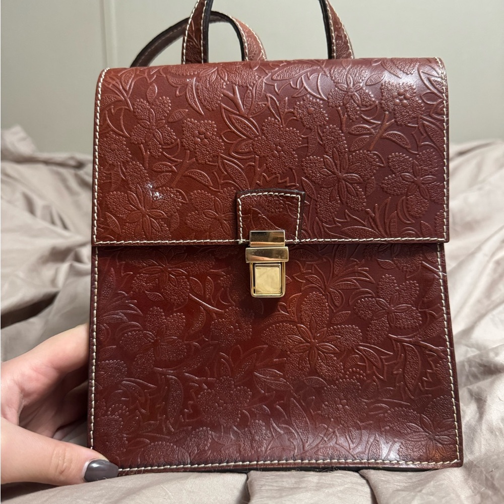Embossed Brown Leather Mini Backpack